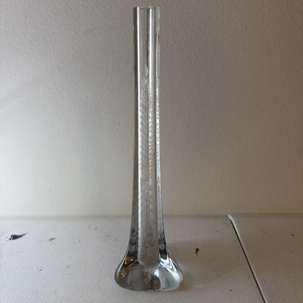 Vintage Clear Glass Bud Vase Frosted Flower Design 8.25" Tall Round Base